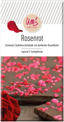 Schweizer Zartbitterschokolade mit kandierten Rosenblüten