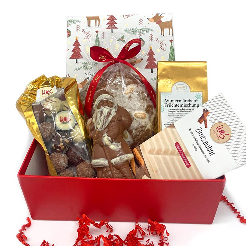 Schokolade Geschenkbox für Weihnachten mit Pralinen, Nikolaus, Tee, Zimtschokolade und Elisen Lebkuchen