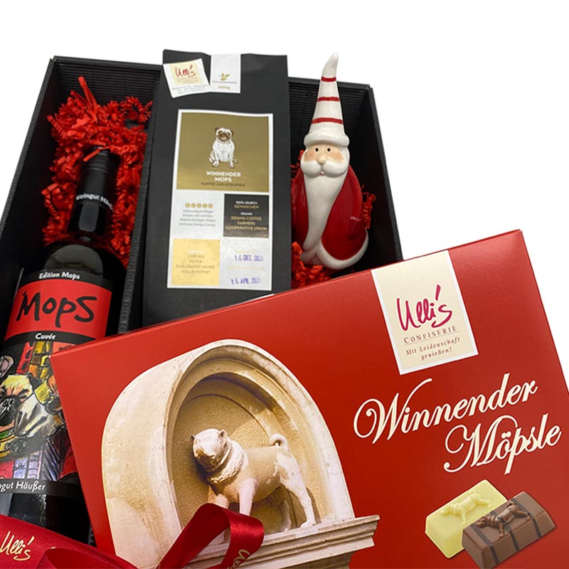 Weihnachts-Geschenkbox mit Mops-Wein, Winnender Möpsle und Mops Kaffee