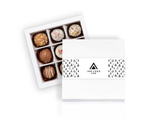 Logo-Banderole Motiv Tannen Logo-Banderole für Pralinenschachtel mittel (9 Pralinen) mit Tannenmotiv