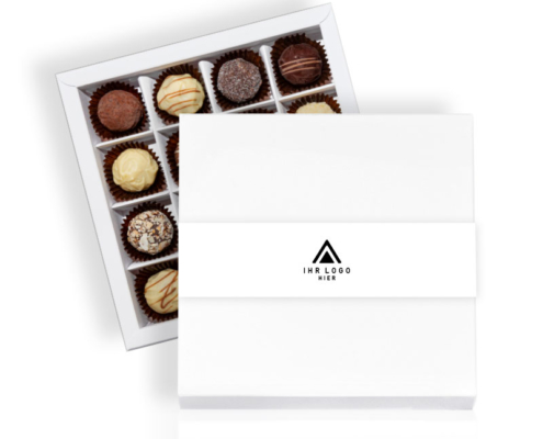 Banderole Weiß. Schachtel mit 16 Pralinen