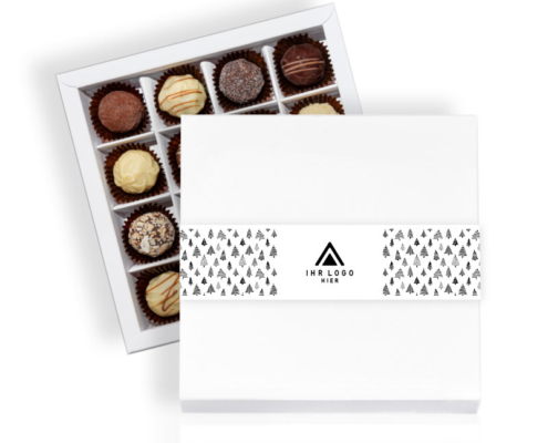 Banderole Tannen s/w. Schachtel mit 16 Pralinen