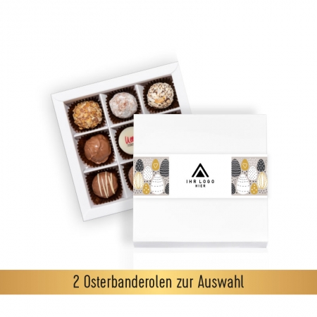 Personalisierte Osterschokolade: Pralinenschachtel mit 9 Pralinen und Logo-Banderole. 2 Ostermotive zur Auswahl.