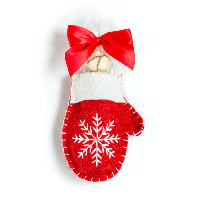 6 handgemachte Pralinen aus unserem aktuellen Sortiment im kleinen roten Deko-Handschuh. Dekorativ bestickt mit Schneeflocke.