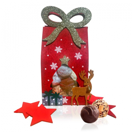 Pralinengeschenk: handgemachte Pralinen im weihnachtlichen Filztäschen (rot) mit Rentier und Schleife