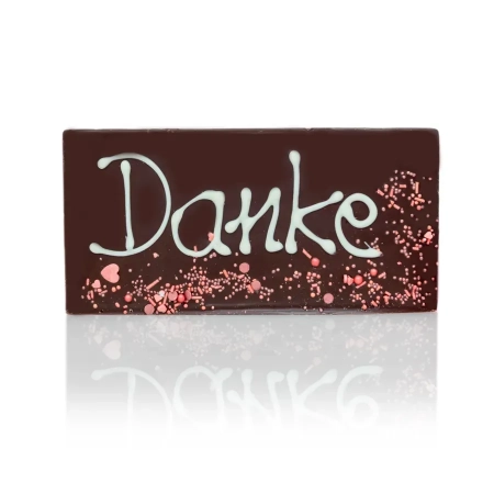 Schokolade Geschenk "Danke" – handgemachte und handbeschriftete Tafel aus dunkler Schokolade mit Rosa Streudeko