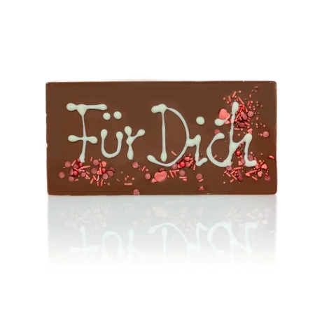 Schokolade Geschenk "Für dich" aus schweizer Vollmilch Schokolade. Handgemacht und handbeschriftet, mit Kakao von Original Beans