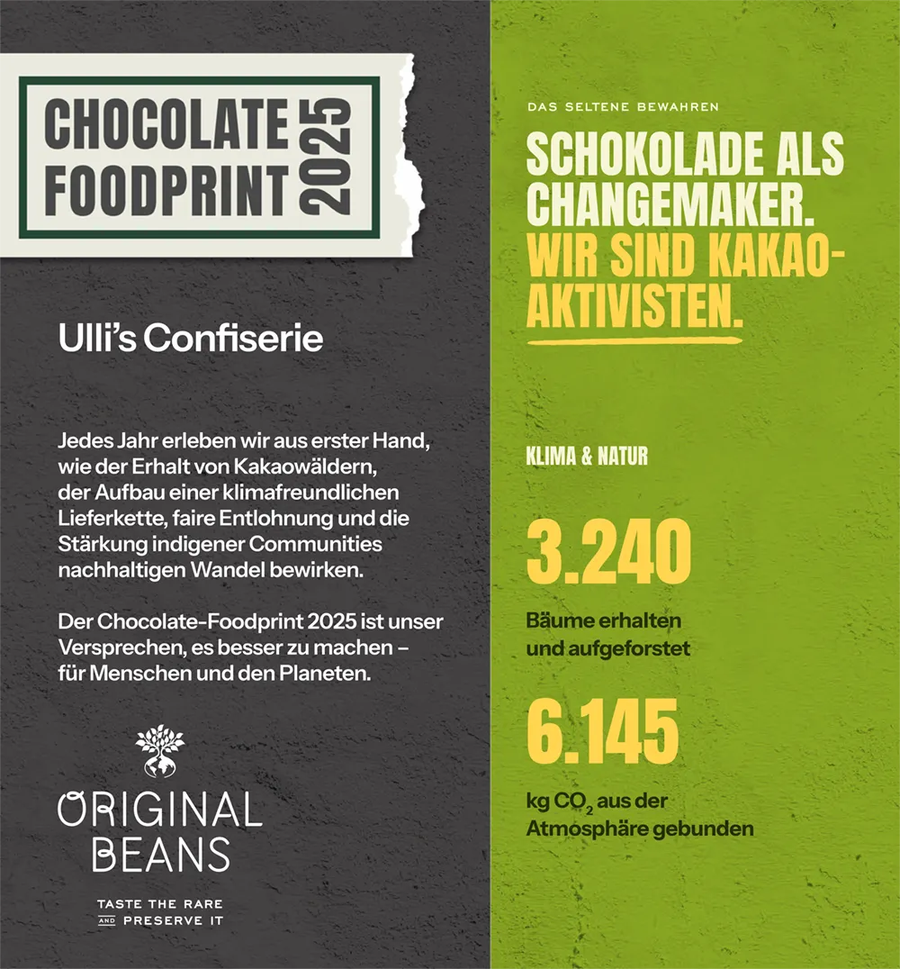 Ulli´s Chocolate Foodprint 2025 01. Wir haben 6.145 kg CO² eingespart und für die Bepflanzung von 3.240 Bäumen gesorgt.