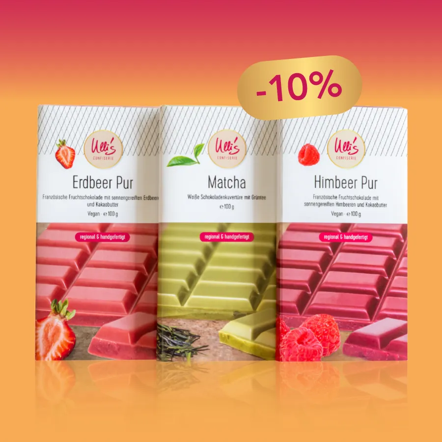 Ullis Sommeredition: Himbeerschokolade, Erdbeerschokolade und Matcha – weiße Schokolade mit Grüntee. Im Paket zum Sonderpreis.