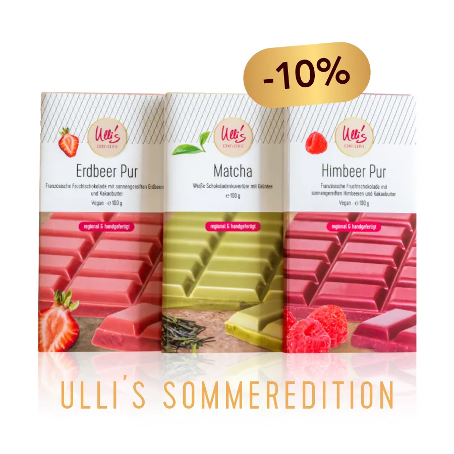 ulls-sommeredition-handgemachte-sommer-schokolade Ullis Sommeredition: Himbeerschokolade, Erdbeerschokolade und Matcha – weiße Schokolade mit Grüntee. Im Paket zum Sonderpreis.